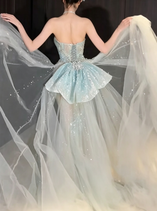 Attractive Halter Neck Blue Prom Dress With Bow Train Sequins Beaded Mermaid Evening Dress GG6605