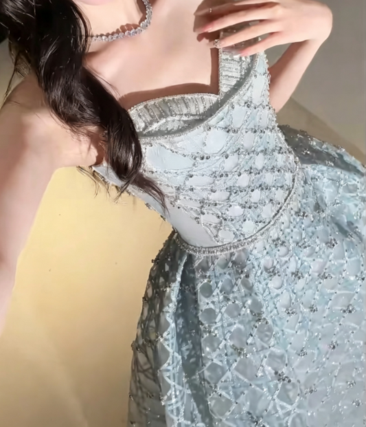 Unique Sweetheart Neck Blue Prom Dress Beading Sequins A-Line Evening Dress GG6606