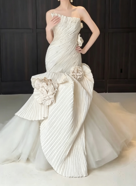 Ornate Strapless Ivory Wedding Dress Pearls Handmade Flowers Tulle Mermiad Bridal Dress GG6613