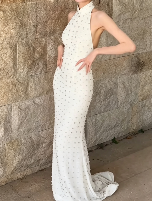 Enchanting Halter Neck Wedding Dress Rhinestones Pearls Mermiad Bridal Dress GG6631