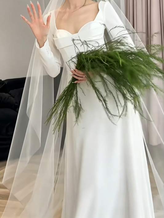 Trendy Sweetheart Neck Wedding Dress Long Sleeve Satin A-Line Bridal Dress GG6639