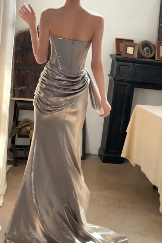 Glittering Strapless Silver Prom Dress Draped High Slit Mermaid Evening Dress GG6680