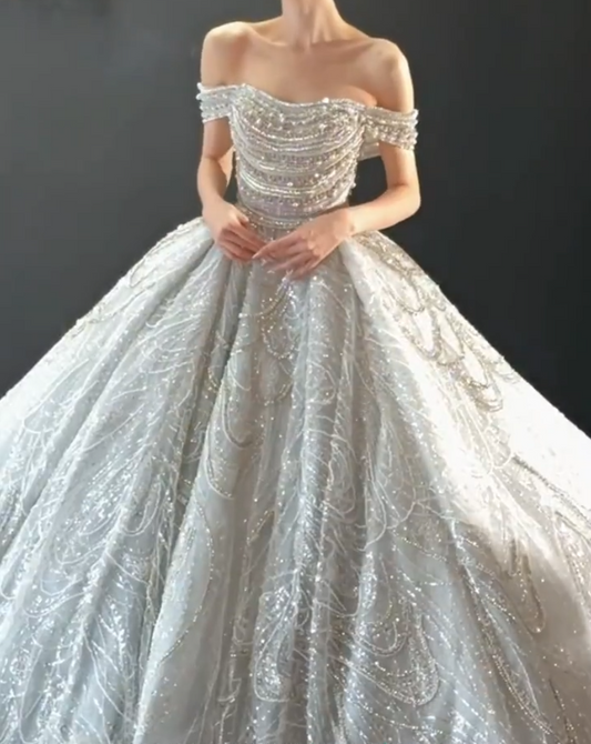 Enchanting Off-Shoulder Sequins Wedding Dress Beaded A-Line Bridal Dress GG6686
