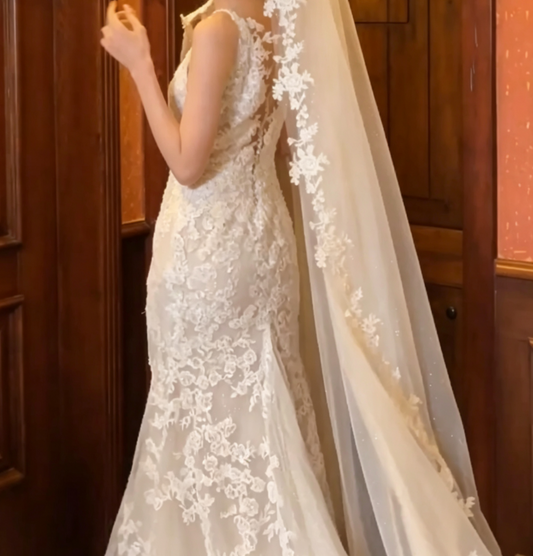 Chic V Neck Sequins Wedding Dress Appliques Mermiad Bridal Dress GG6702
