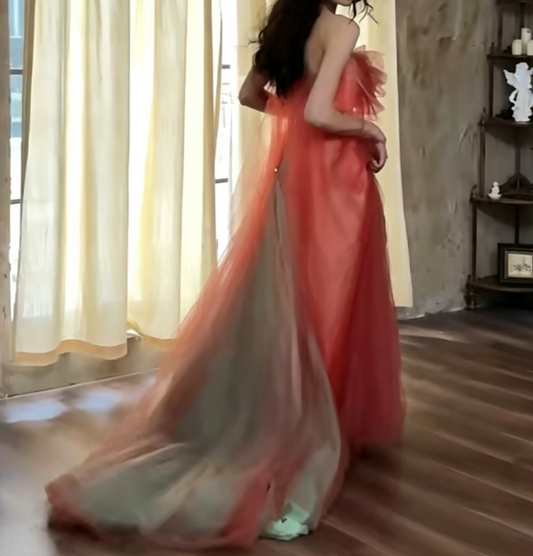 Vintage Strapless Red Prom Dress Handmade Flower Tulle Mermaid Evening Dress GG6706