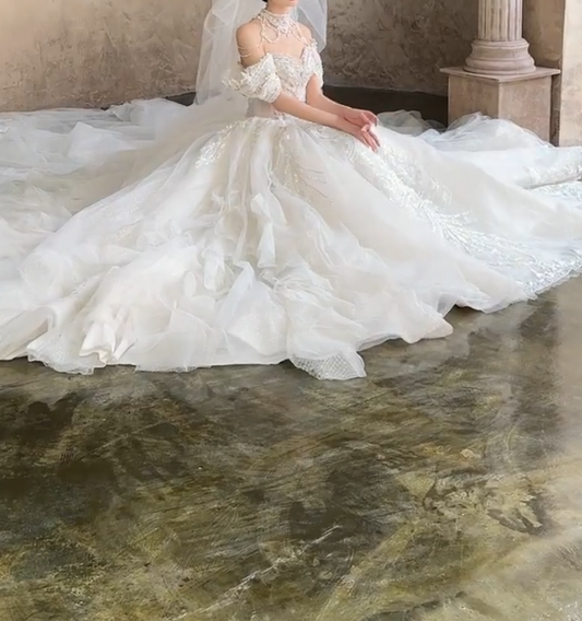 Fascinating Off-Shoulder Wedding Dress Sequins Beading A-Line Bridal Dress GG6714