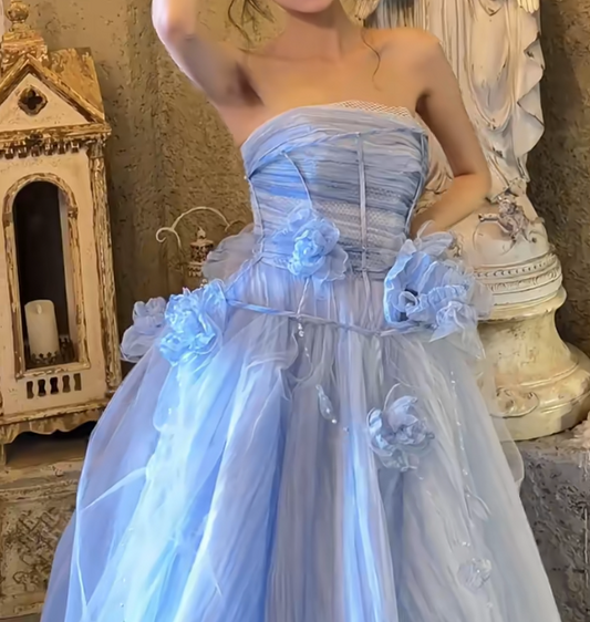 Vintage Strapless Blue Prom Dress 3D Flowers A-Line Evening Dress GG6724