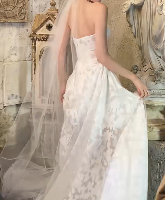 Retro Appliques Tulle Wedding Dress Strapless A-Line Bridal Dress GG6725