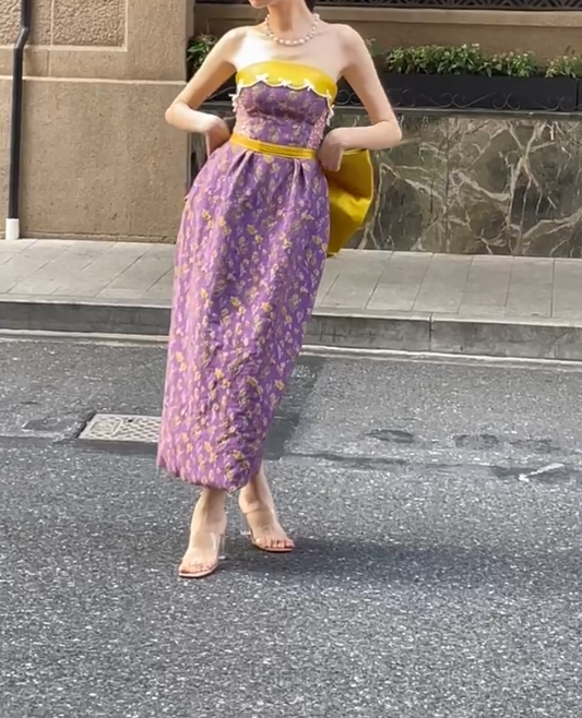 Retro Strapless Floral Purple Prom Dress Beaded Bows Sheath Evening Dress GG6733