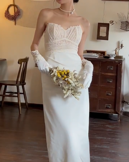Chic Strapless Wedding Dress Lace Satin Sheath Bridal Dress GG6740