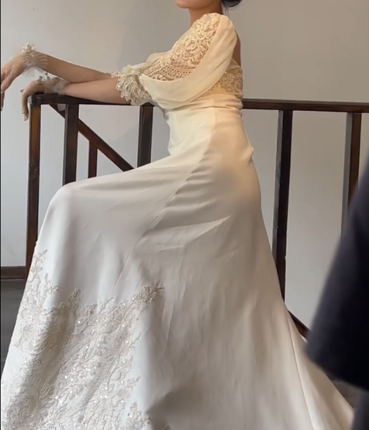 Lovely Square Neck Appliques Wedding Dress Short Sleeve A-Line Bridal Dress GG6742
