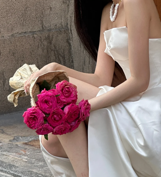 Simple Strapless Wedding Dress Slit Satin A-Line Bridal Dress GG6746