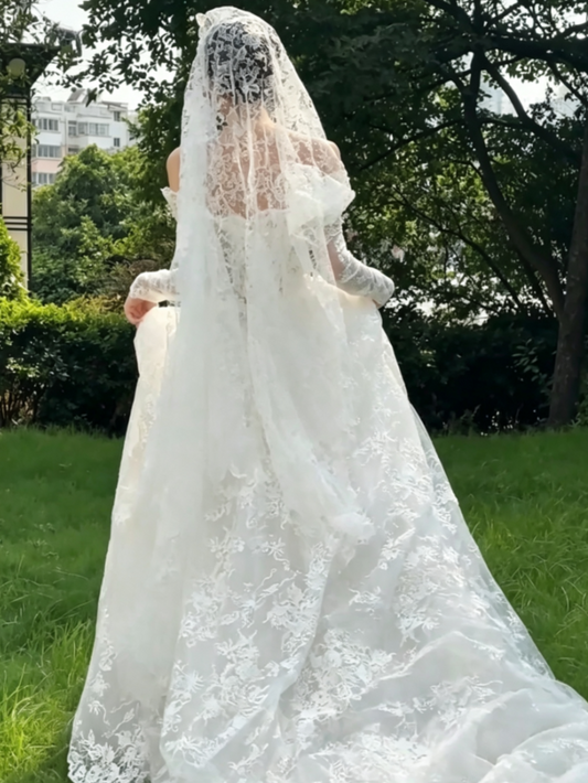 Romantic Off-Shoulder Wedding Dress Lace Long Sleeve A-Line Bridal Dress GG6766
