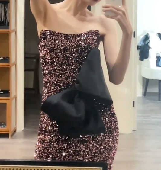 Glittering Strapless Gradient Fuchsia Prom Dress Sequins Bow Mermaid Evening Dress GG6773
