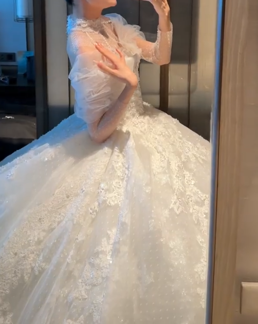 Romantic High Collar Tulle Wedding Dress Long Sleeve Sequins A-Line Bridal Dress GG6788