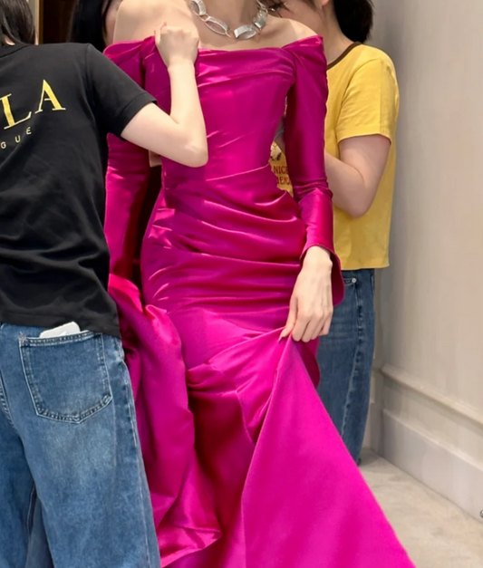 Vibrant Off-Shoulder Hot Pink Prom Dress Long Sleeve Mermaid Evening Dress GG6795