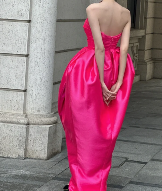 Vibrant Strapless Pink Prom Dress Satin Slit Sheath Formal Dress GG6803
