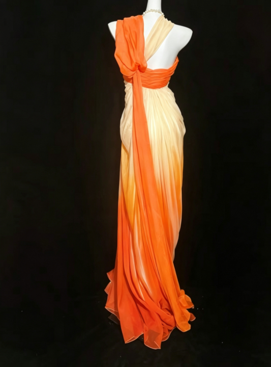 Cute Halter Neck Gradient Orange Prom Dress Floral Sheath Formal Dress GG6815