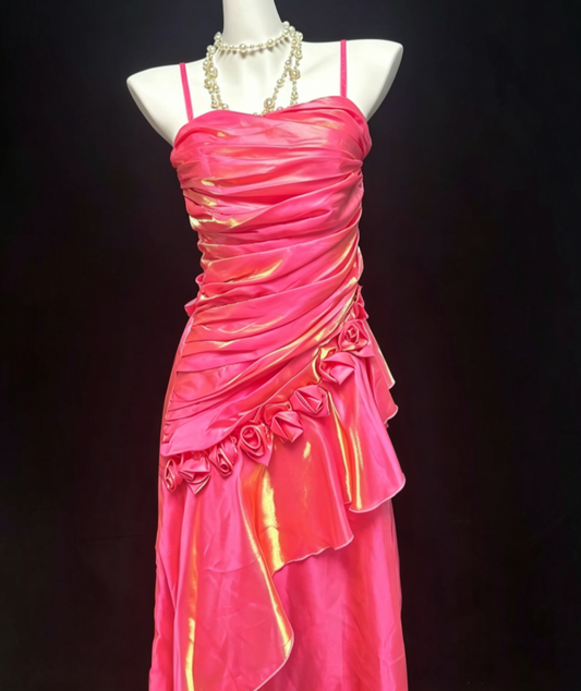 Shine Spaghetti Straps Pink Prom Dress Ruffles Appliques A-Line Formal Dress GG6816