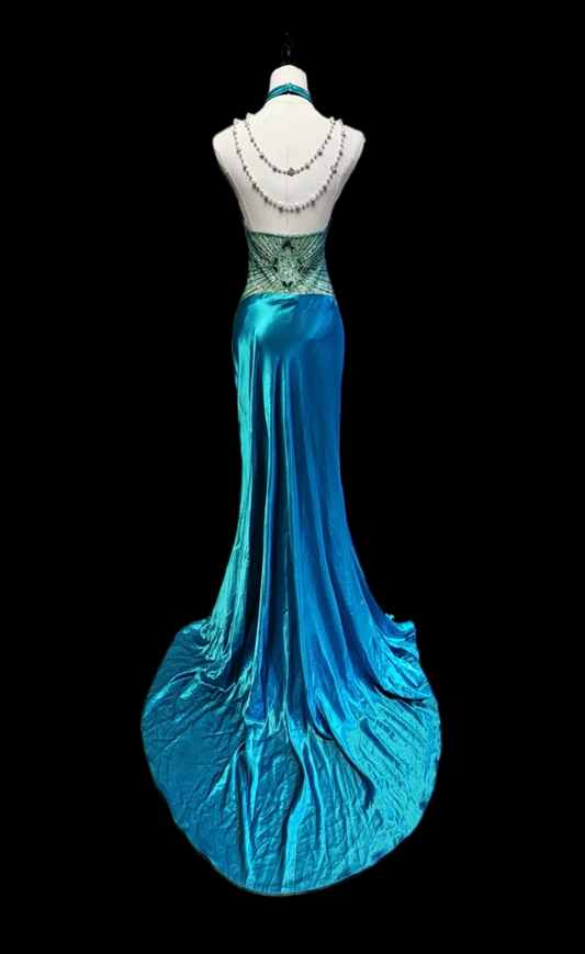 Vintage Halter Neck Blue Prom Dress Sequins Backless Mermaid Formal Dress GG6817