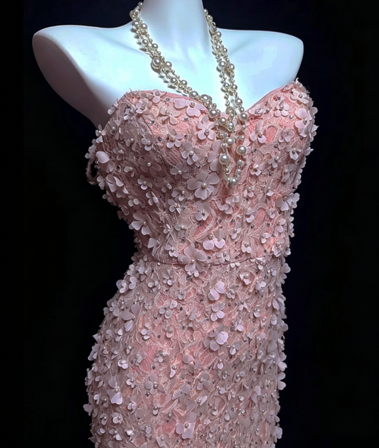 Sweet Strapless Pink Prom Dress Appliques Sequins Mermaid Formal Dress GG6818
