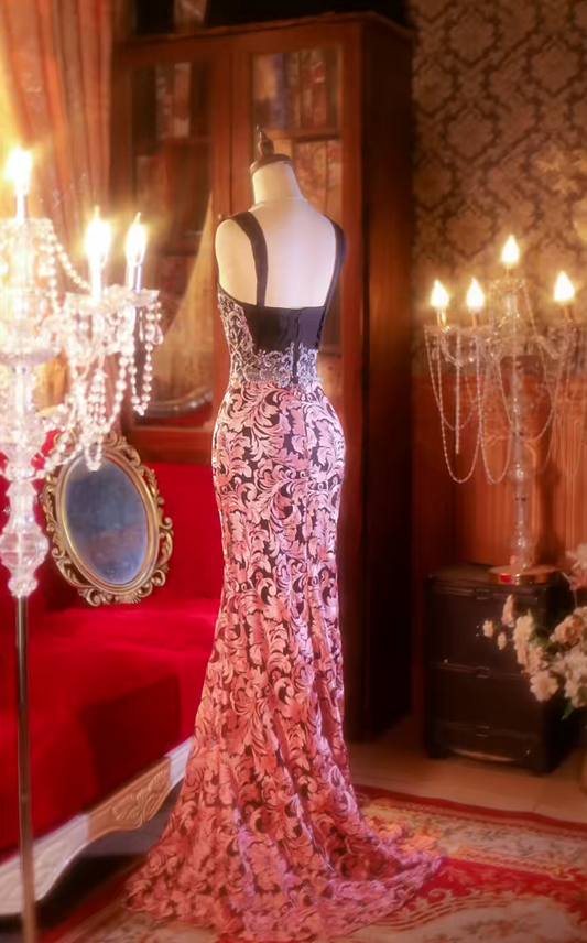 Unique Spaghetti Straps Pink Prom Dress Beading Floral Mermaid Formal Dress GG6821