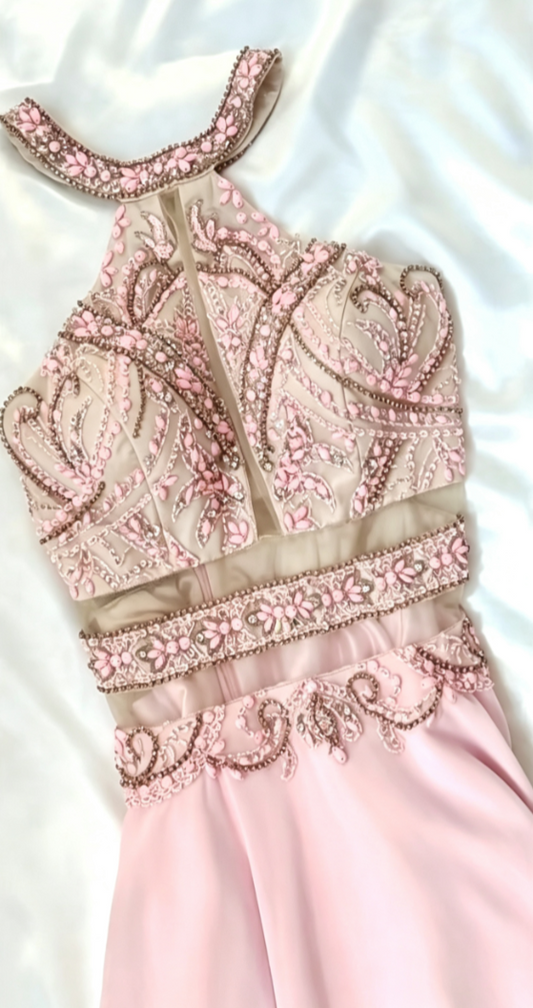 Lovely Halter Neck Beading Prom Dress Pink A-Line Formal Dress GG6824