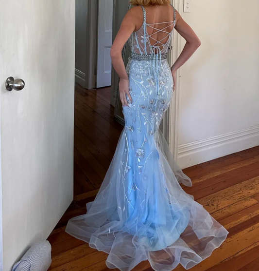 Romantic Spaghetti Straps Blue Prom Dress Sequins Appliques Mermaid Formal Dress GG6846