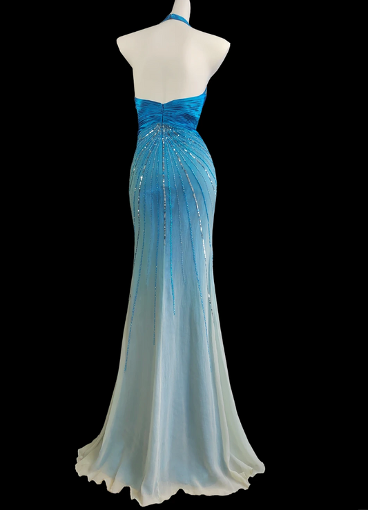 Elegant Gradient Blue Halter Prom Dress Beading Backless Mermaid Formal Dress GG6849