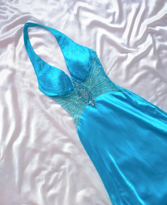 Ornate Halter Neck Blue Prom Dress Sequins Pleated A-Line Formal Dress GG6854