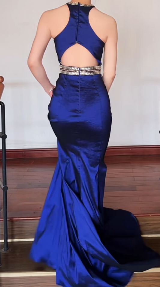 Unique Halter Neck Navy Blue Prom Dress Beaded Mermaid Formal Dress GG6855