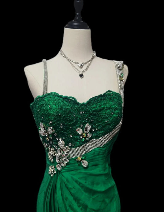 Unique Spaghetti Straps Green Prom Dress Crystals Mermaid Formal Dress GG6861