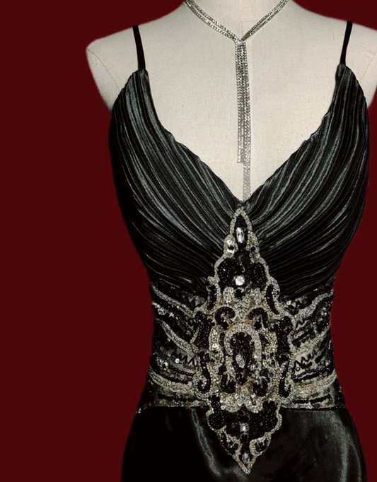 Ornate Spaghetti Straps Prom Dress Black Beading Mermaid Formal Dress GG6879