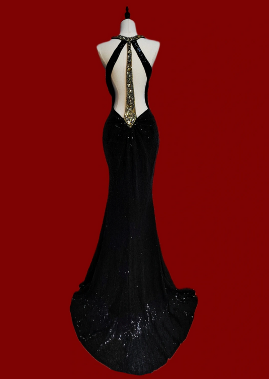 Luxury Halter Neck Sequins Prom Dress Black Beaded Mermaid Formal Dress GG6888
