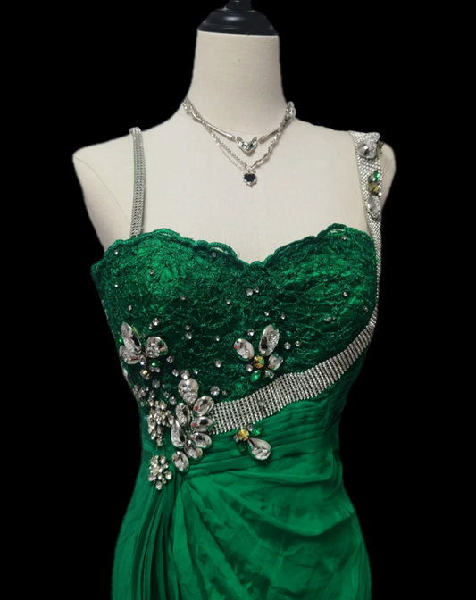 Lovely Spaghetti Straps Green Prom Dress Crystals Mermaid Formal Dress GG6895