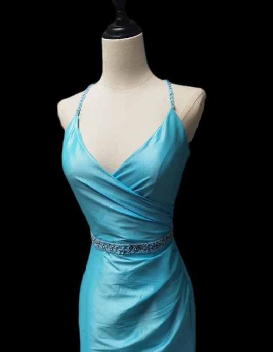 Unique Spaghetti Straps Blue Prom Dress Beading Ruffled Mermaid Formal Dress GG6899