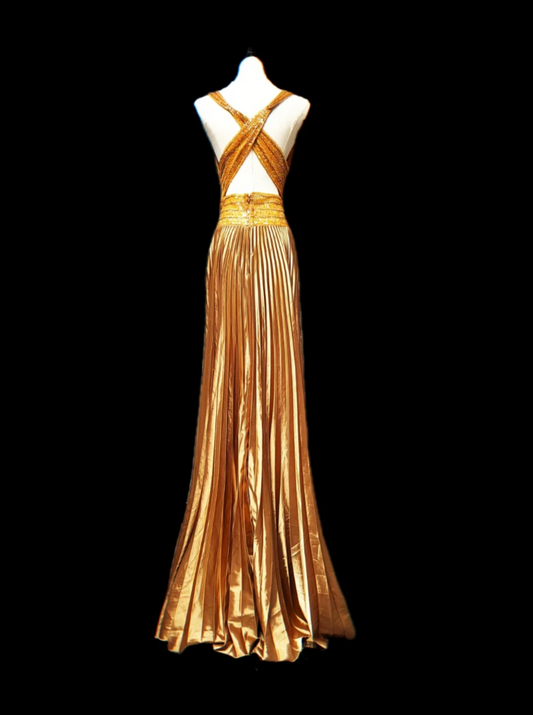 Chic Spaghetti Straps Yellow Prom Dress Sequins Pleated A-Line Formal Dress GG6905