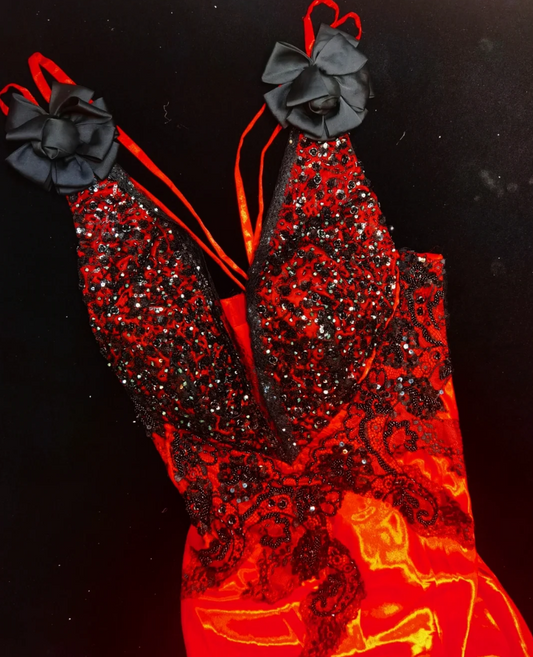 Ornate V Neck Red Prom Dress Sequins Lace Mermaid Formal Dress GG6908