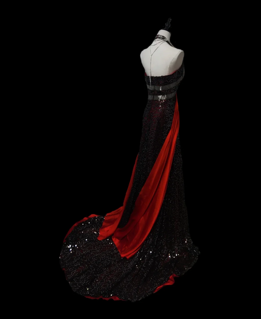 Attractive Halter Neck Black & Red Prom Dress Sequins A-Line Formal Dress GG6910