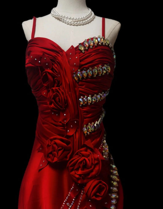 Unique Spaghetti Straps Red Prom Dress Rhinestones 3D Floral Mermaid Formal Dress GG6914