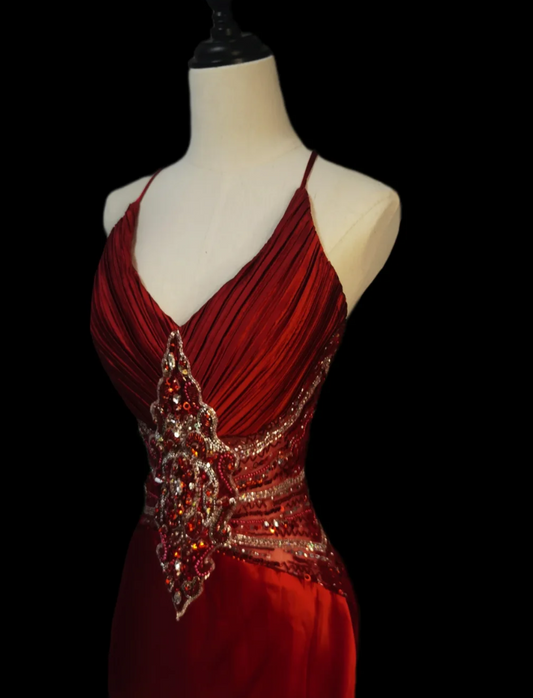 Elegant Spaghetti Straps Red Prom Dress Beading Mermaid Formal Dress GG6915