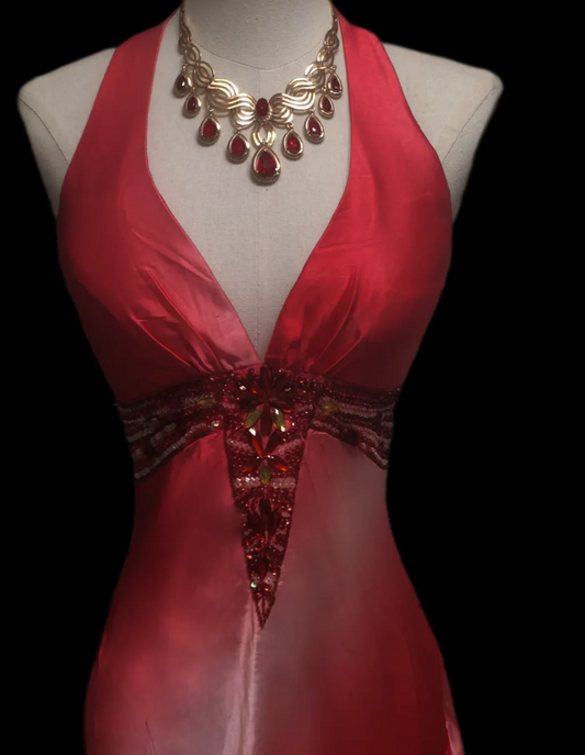 Trendy Halter Neck Red Prom Dress Rhinestones Sequins Mermaid Formal Dress GG6920