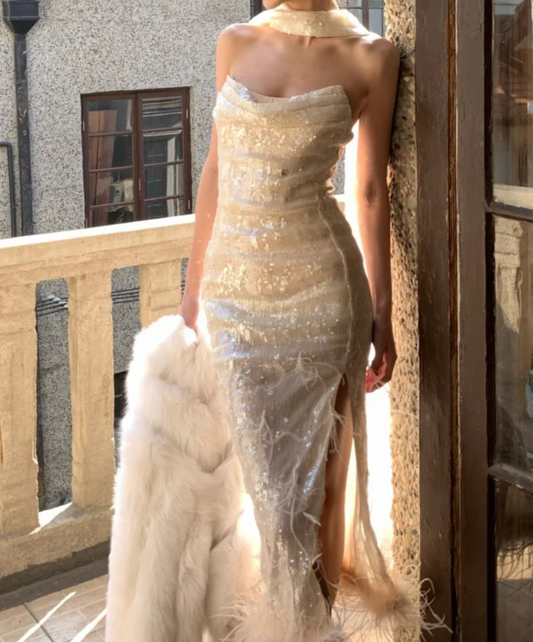Sparkling Sequins Slit Homecoming Dress Strapless Feather Sheath Birthday Dress GG7031