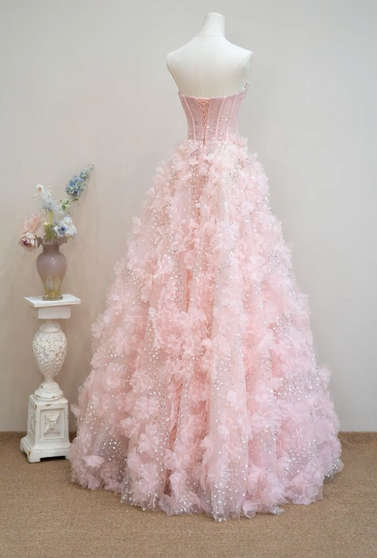 Lovely Strapless Pink Prom Dress Appliques Sequins A-Line Formal Dress GG7185