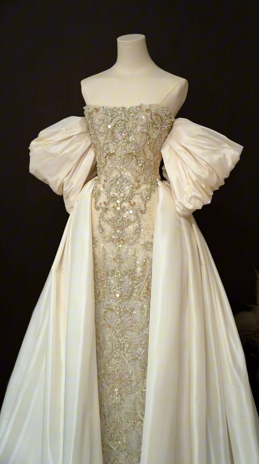 Luxury Off-Shoulder Beieg Prom Dress Beading A-Line Formal Dress GG7220