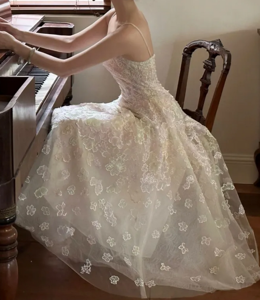 Cottagecore Spaghetti Straps Prom Dress Appliques A-Line Formal Dress GG7244