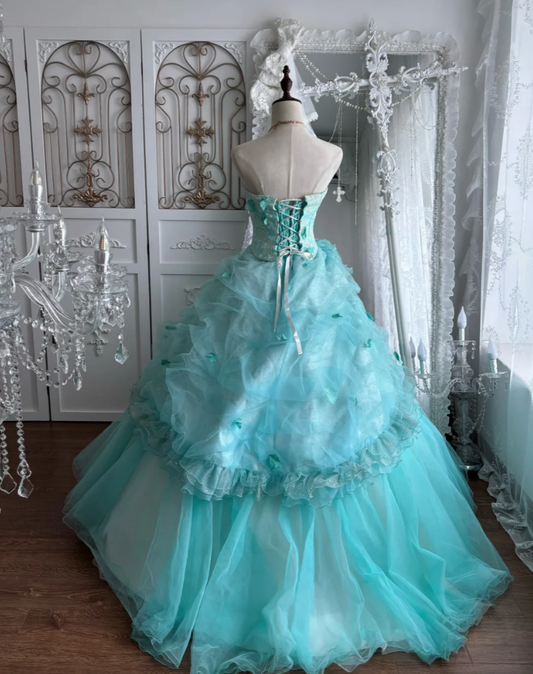 Vintage Strapless Green Prom Dress Handmade Flowers Tulle A-Line Evening Dress GG7423