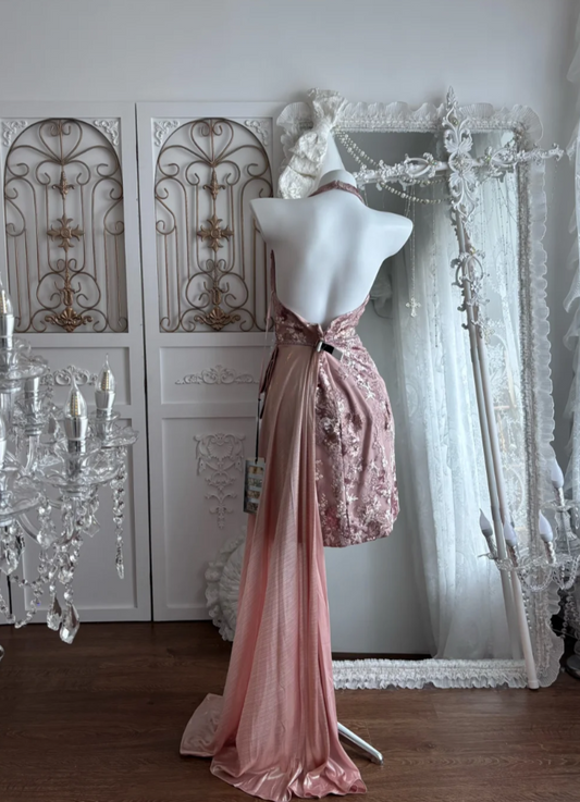Vintage Halter Neck Pink Homecoming Dress Sequins Backless Sheath Birthday Dress GG7427