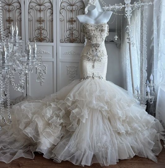 Enchanting Off-Shoulder Beaded Wedding Dress Tulle Mermaid Bridal Dress GG7437