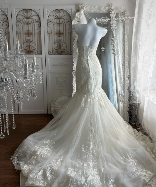Alluring Strapless Appliques Wedding Dress Tulle Mermaid Bridal Dress GG7439